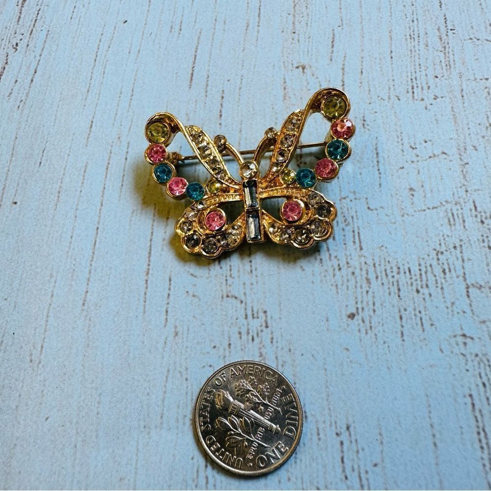 Gold‎ Pink Blue Crystal Butterfly Brooch